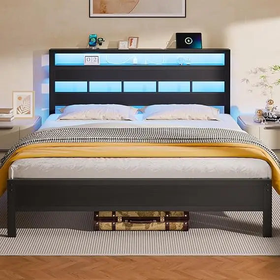 Queen Size Metal Bed Frame with Storage Headboard, LED Lights, Charging Station, and USB Ports