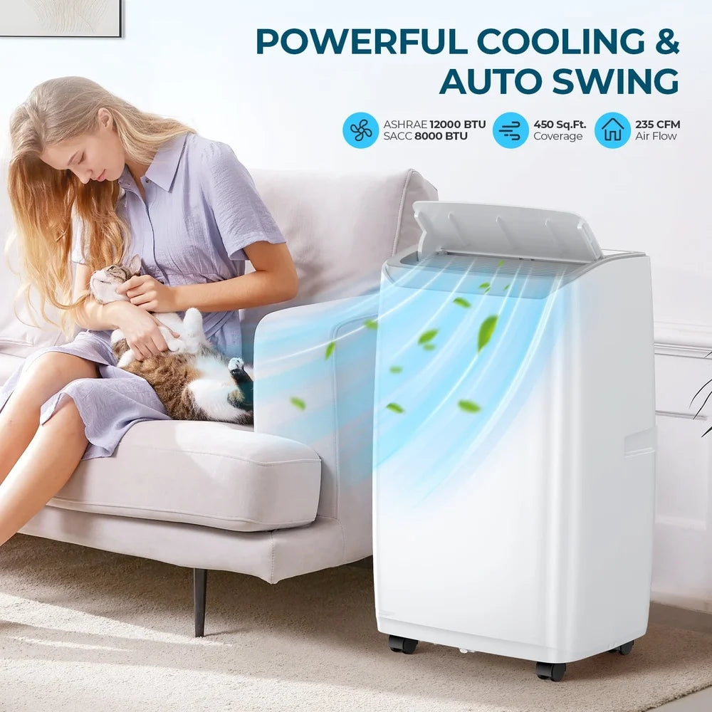 12000 BTU Portable Air Conditioner 3-in-1 Cooling Dehumidifying Fan Remote Control Ideal 450 Sq Ft Rooms Energy Efficient Quiet