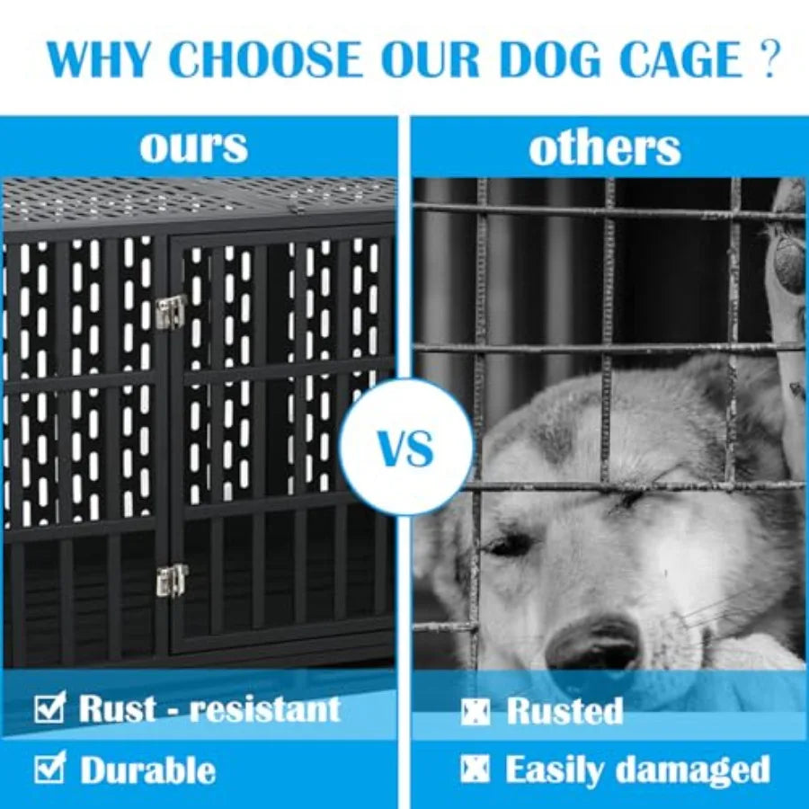 44 inch Heavy Duty Indestructible Dog Crate with Wheels and Trays for Large Medium Dogs High Anxiety Steel Kennel Strong Escape