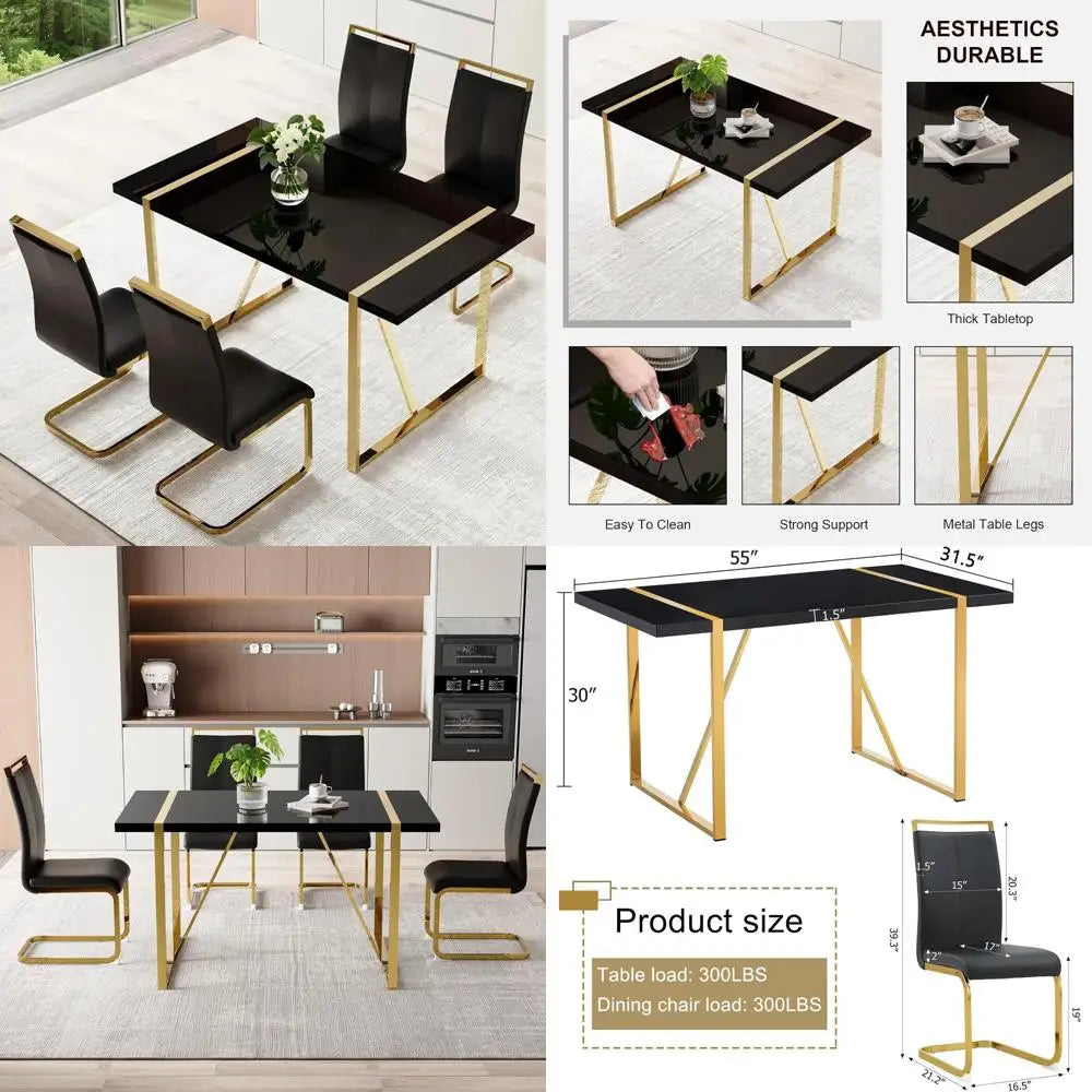 Gold 55 Dining Table Set for 4 with Black Leatherette Chairs and Black Wood Top