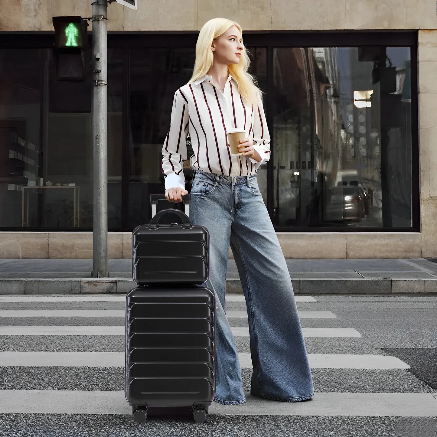 Black Friday 14"/20" 2-Piece ABS Luggage Set - Spinner Wheels Lock + 14" Cosmetic Bag