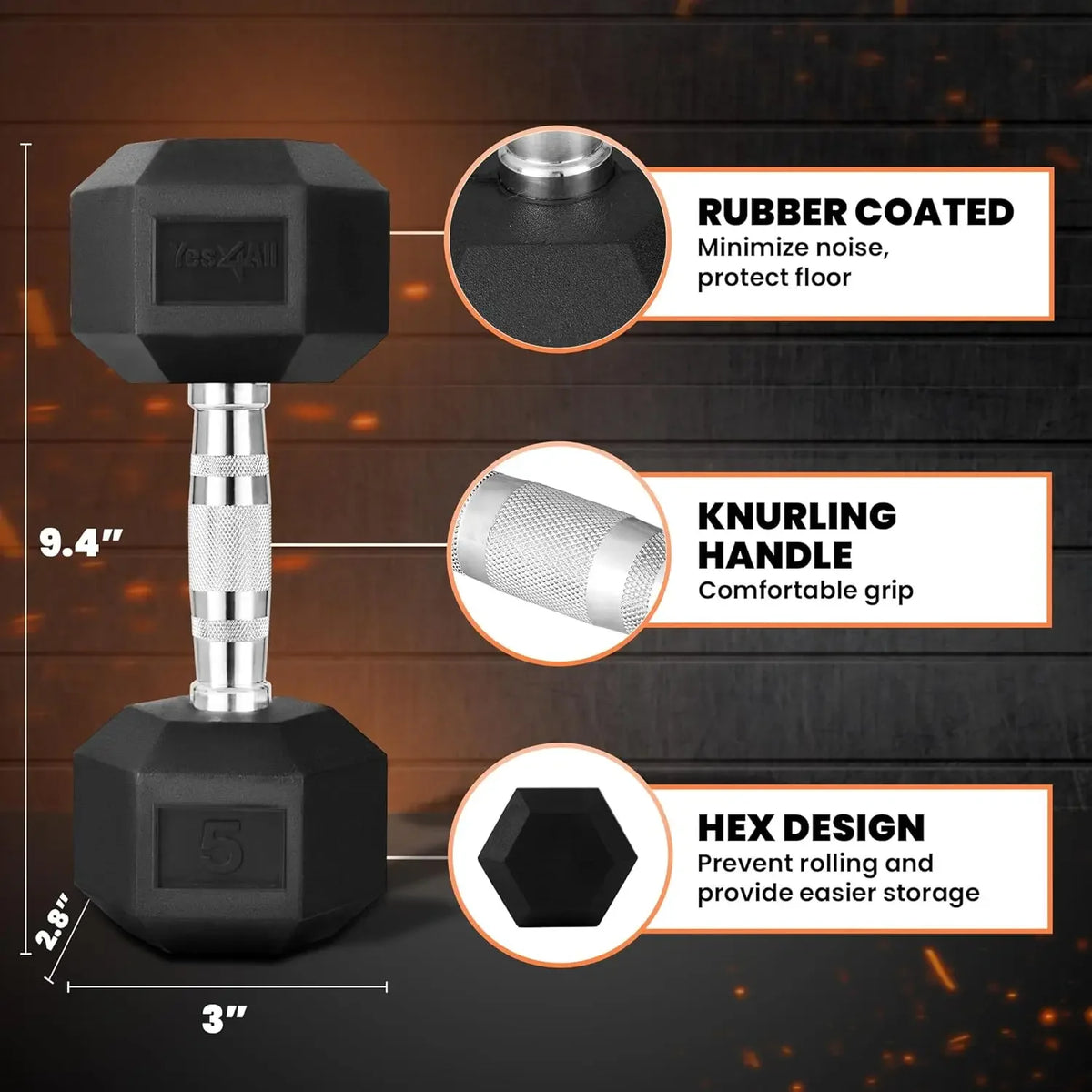 Chrome Hex Dumbbell - 5LB Non-Slip Grip Hand Weight for Home Gym Fitness