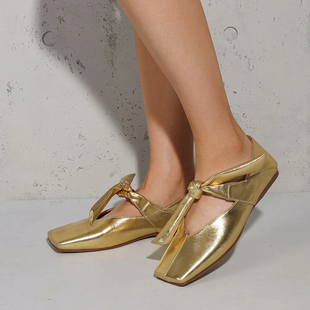 Bow Knot Ballet Flats Shoes for Women Bowtie Strap Ballerina Shoes Slip-on Square Toe Mary Jane Flats