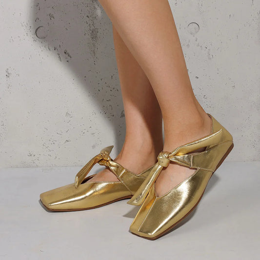 Bow Knot Ballet Flats Shoes for Women Bowtie Strap Ballerina Shoes Slip-on Square Toe Mary Jane Flats
