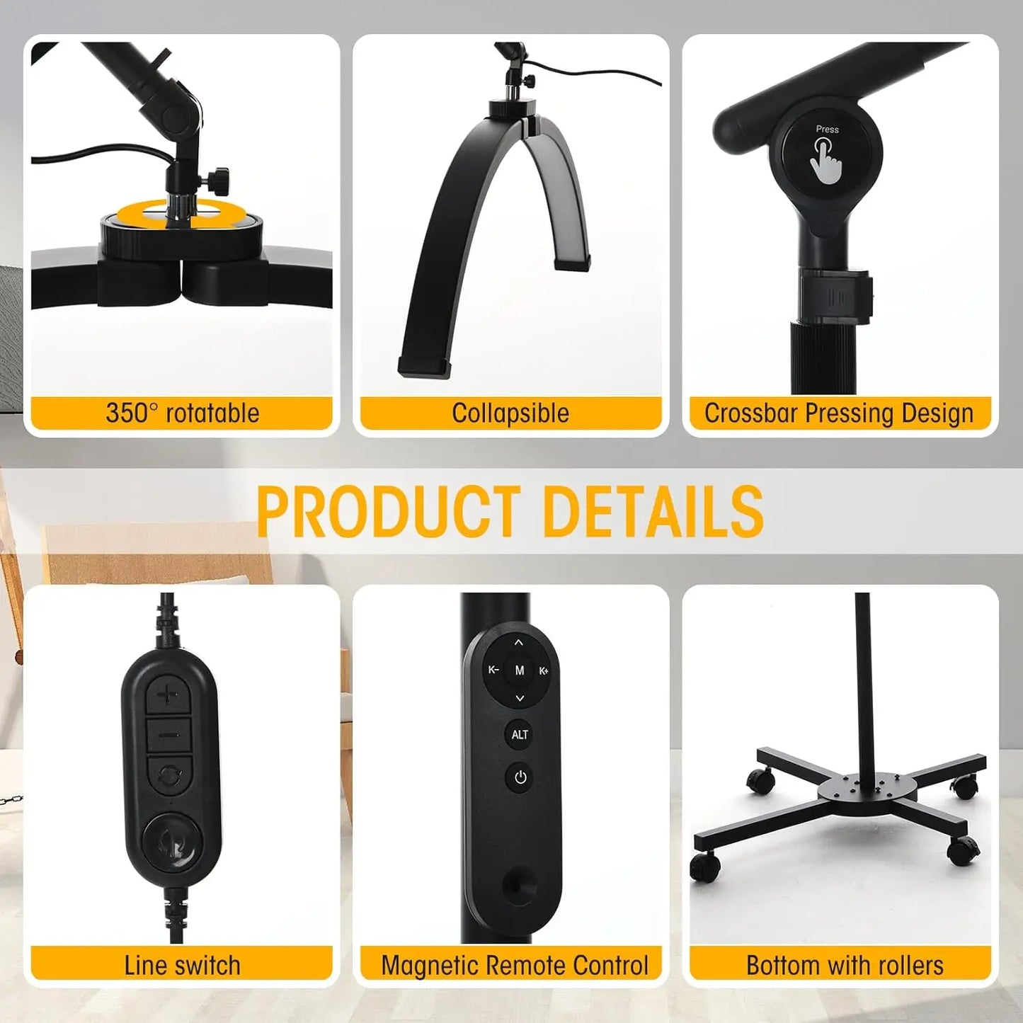 Half Moon LED Floor Lamp with Adjustable Height & Angle, Cool/Warm Light, Phone Holder for Eyelash & Skincare