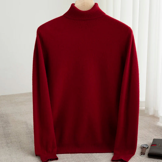 Men 100% Merino Wool Sweater Turtleneck Knitted Pullover Cashmere Warm Solid Color Clothes Business Bottoming Tops Autumn Winter