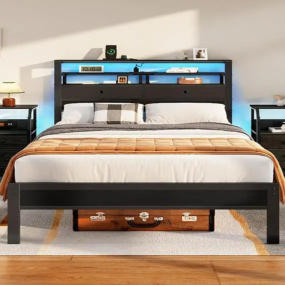 Furnulem Queen Bed Frame with Headboard & 2 Fabric Drawers, Bed Frame Queen Size Featuring LED Lights, Built-in Charging Station
