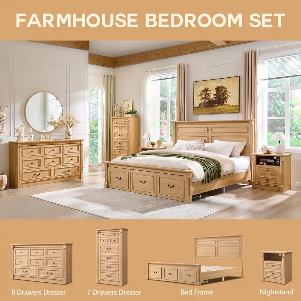 Natural King-Size Farmhouse Bed Frame with 51 High Headboard, Roman Column Footboard, and 3 Storage Drawers - No Box Spring Need