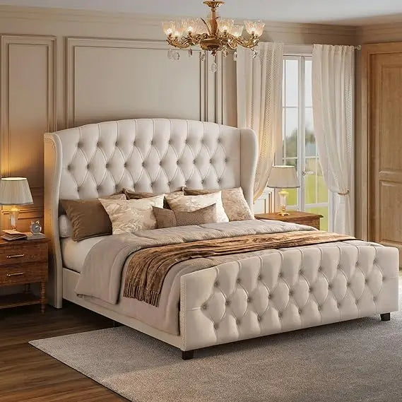 King Size Upholstered Platform Bed Frame with Tall Wingback Tufted Headboard and Footboard