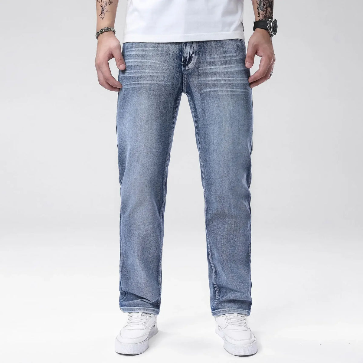Men's Four Seasons Jeans Elastic Simple Denim Straight Leg Pants Light Blue Slim Fit Men's Pants