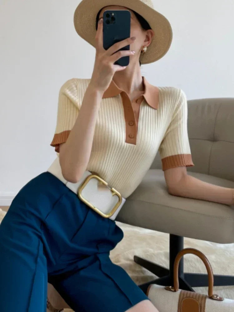 Women Clothing Temperament Elegant Knitted Contrast Tops Summer Fashion Commute POLO Short Sleeve Chic Button Slim T-shirt