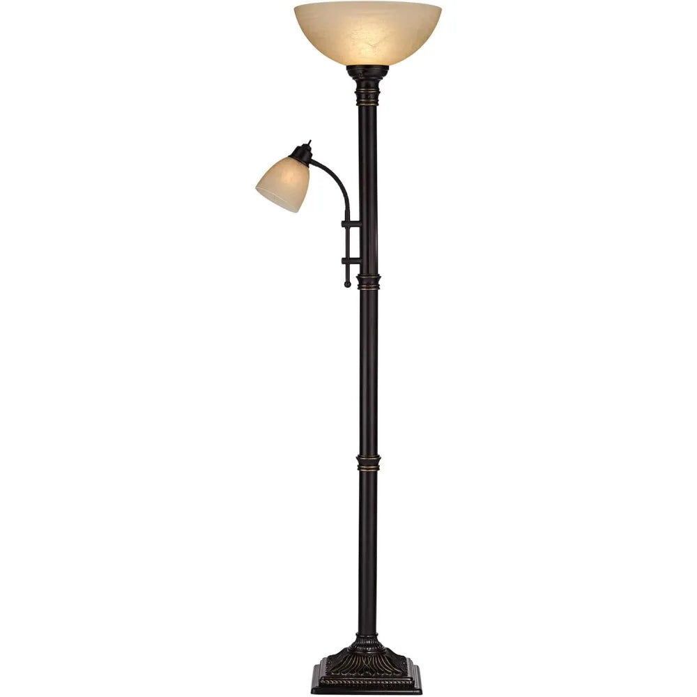 Traditional Torchiere Floor Lamp with Adjustable Gooseneck Arm, 72.5 Tall, Oiled Rubbed Bronze Finish, Amber Glass Shade