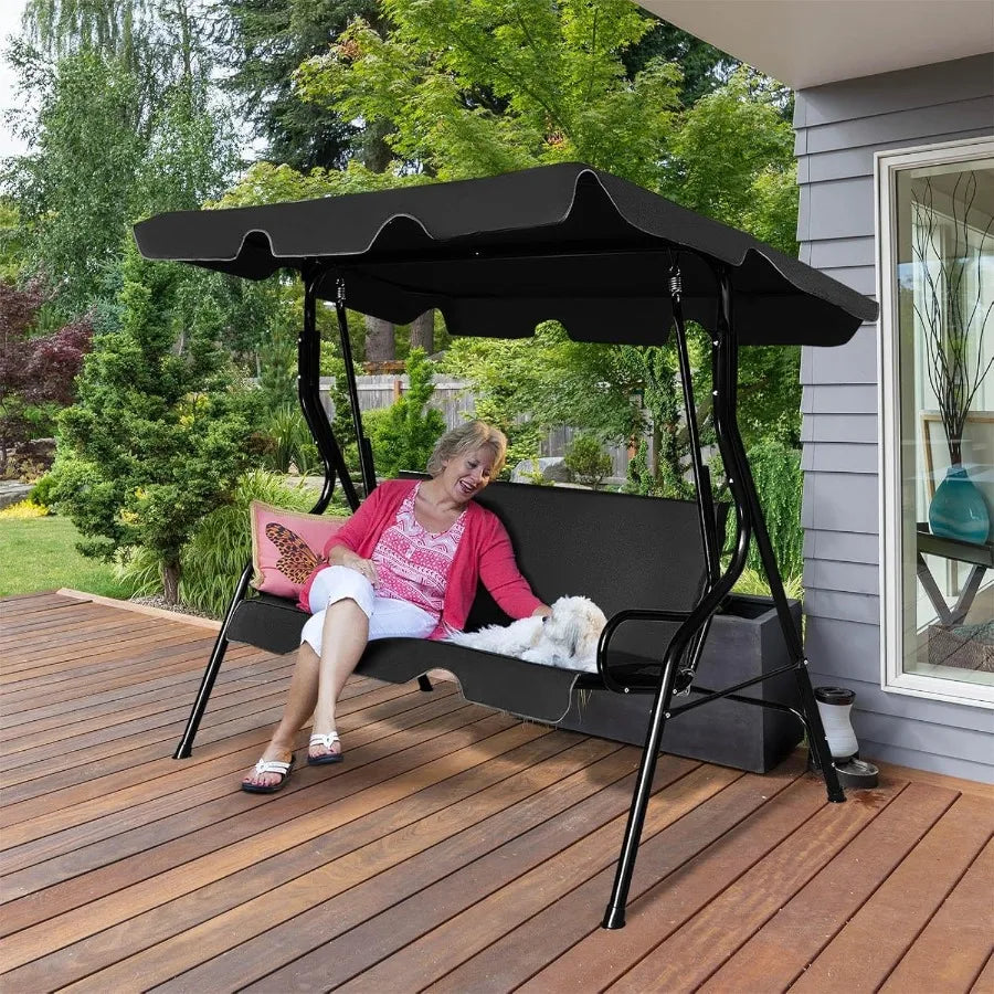 3 Person Outdoor Porch Swing with Removable Cushion and Adjustable Canopy for Patio Garden Courtyard and Poolside Use Heavy Dut