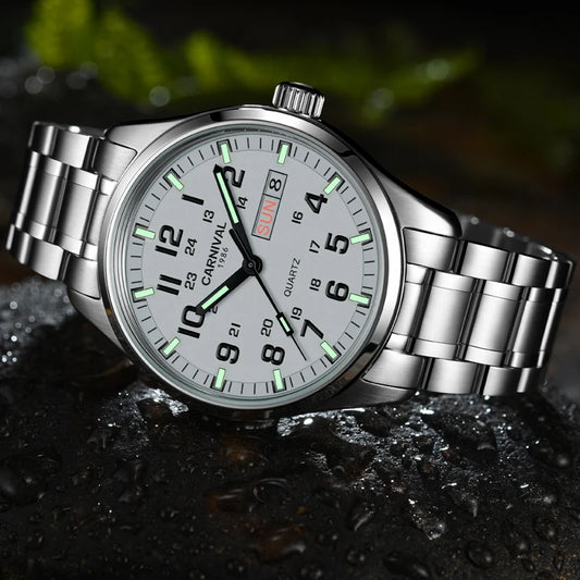 Carnival Brand Fashion Quartz Wrist Watch for Men Luxury Stainless Steel Luminous Military Watches Waterproof Clock Reloj Hombre