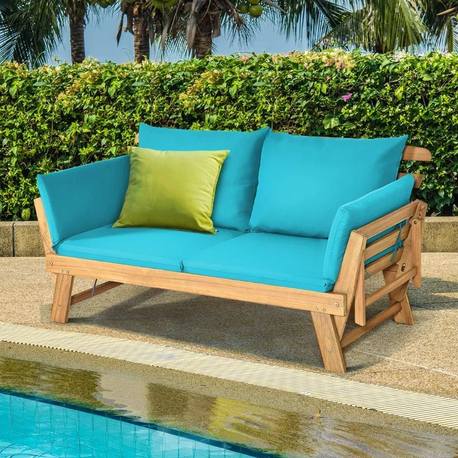 Convertible Acacia Wood Patio Couch Sofa Bed with Adjustable Armrest Outdoor Daybed with Cushion Pillows Outside Folding Futon