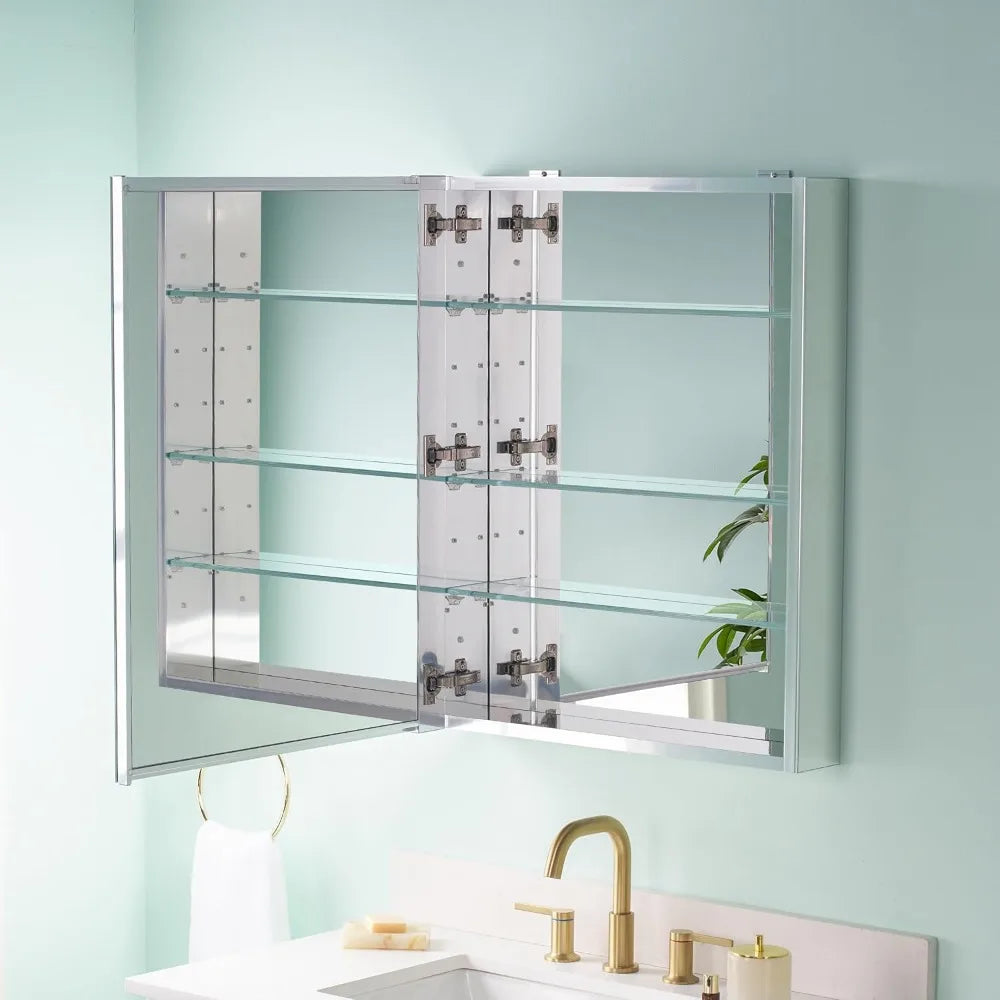 24 x 30 Bathroom Medicine Cabinet, Anodized Chrome Aluminum Frame, Medicine Cabinet with Adjustable Glass Shelves, Bathr
