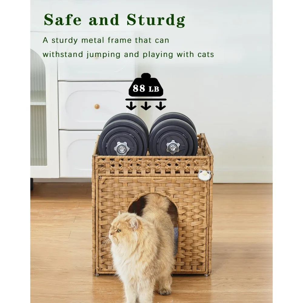 Cat Beds for Indoor Cats Extra Large Double Cat Cave Pet Cube, Handwoven Rattan Cat Houses with Double-Sided Soft Cushions, 18.5