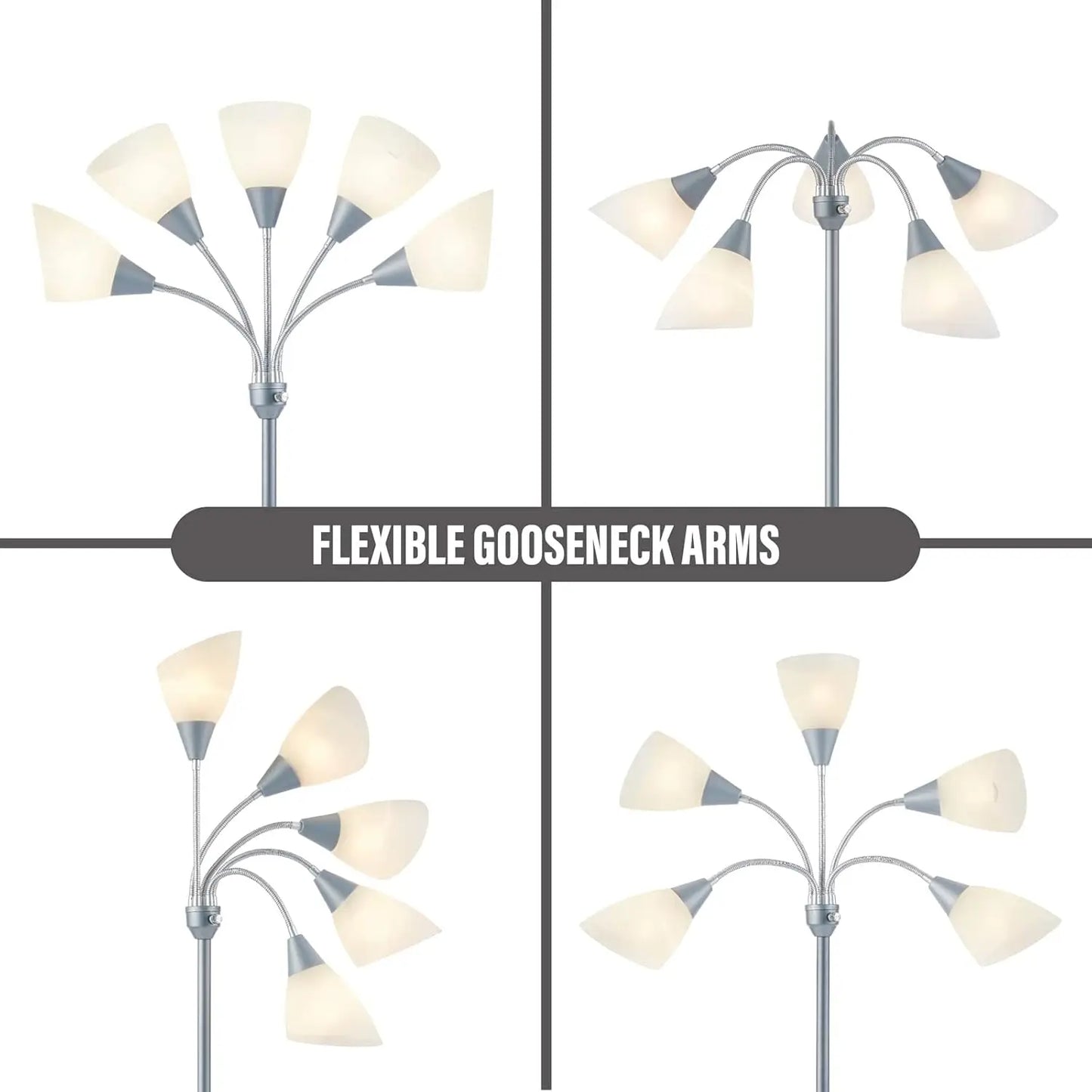 Medusa 5-Head Adjustable Floor Lamp, Large Shade, Silver, E26/A19 Bulb, Living Room Bedroom Reading Light