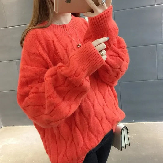 2024 New Harajuku Style Sweater Jacket Women's Sweet Fresh Medium-Length Thickened Winter Loose-Fit Korean Version Round Neck Au