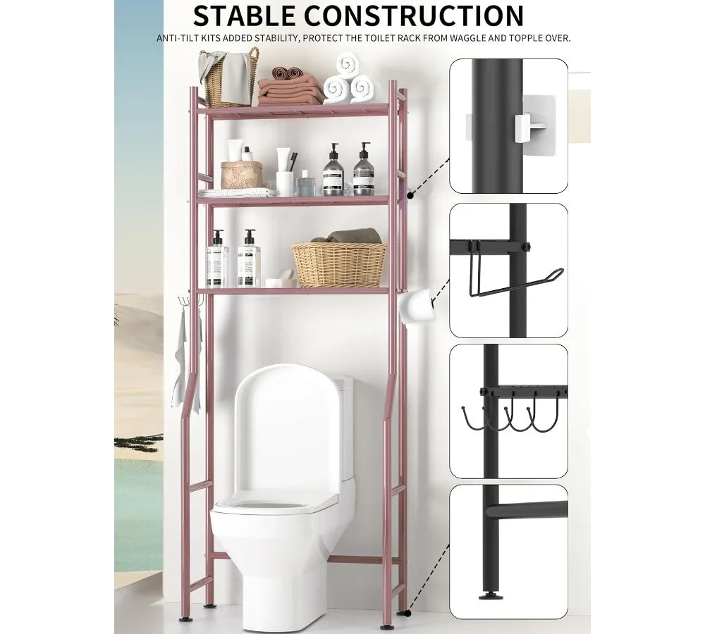 3-Tier Over Toilet Storage Rack with Baskets & Hooks, Space-Saving Metal Bathroom Shelf for Small Spaces