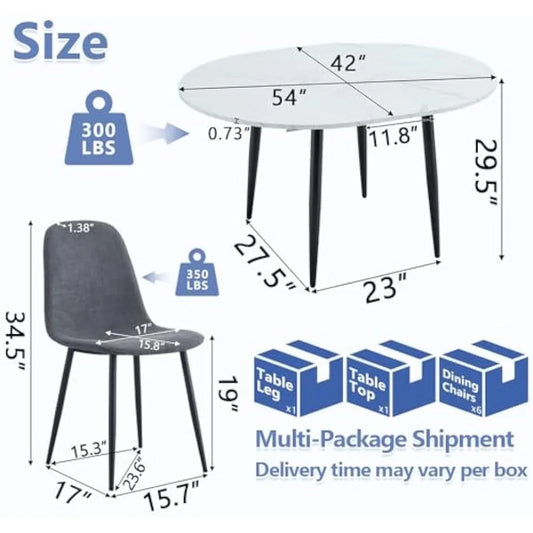 "Round Extendable Dining Table Set for 6 with Upholstered Chairs in White Kitchen Style"