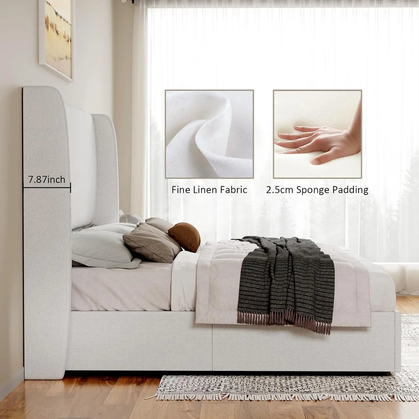 Queen Size Bed Frame Lift Up Storage Bed Linen Upholstered Bed Frame with Hydraulic Storage/Wingback Headboard White