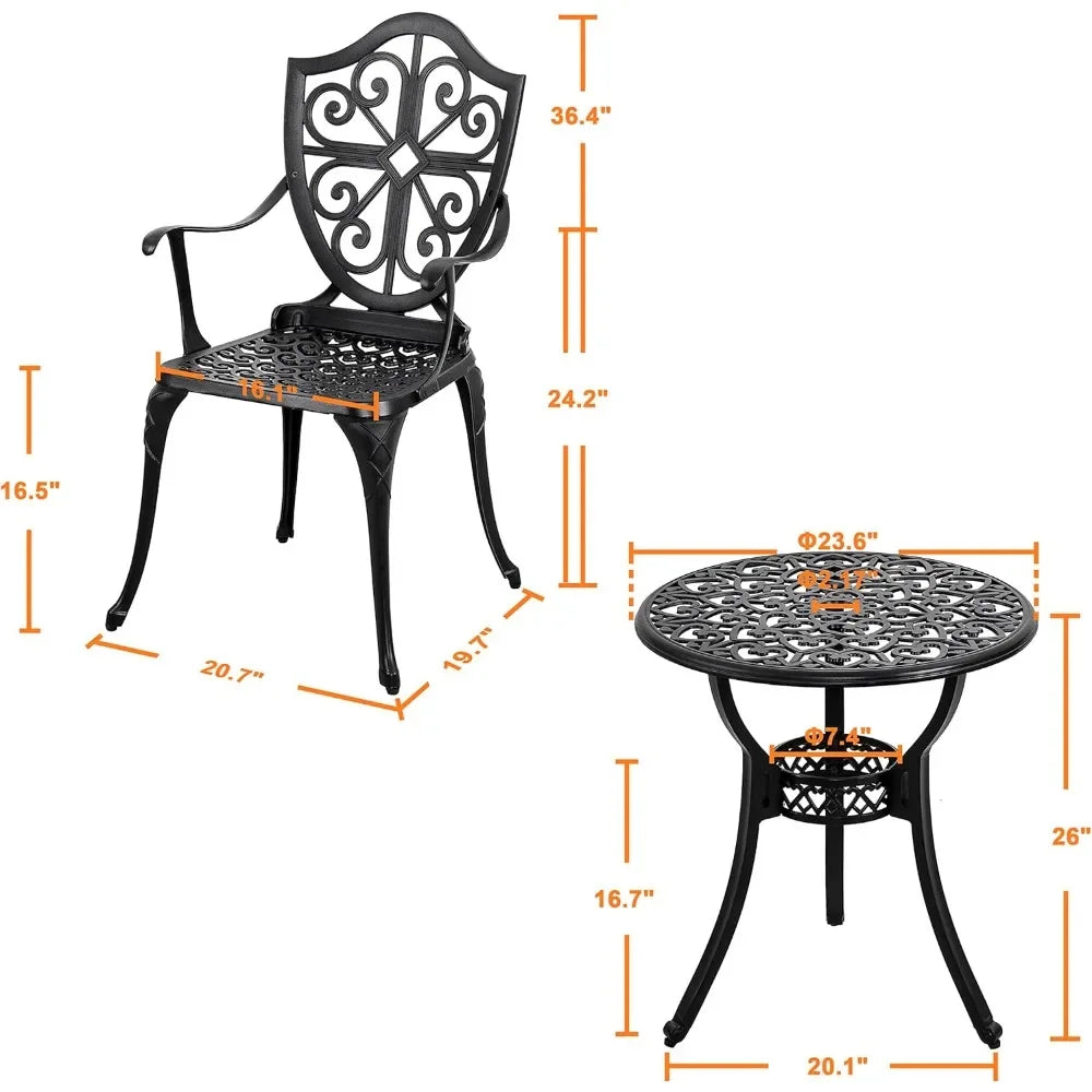 3 Piece Outdoor, Cast Aluminum Patio Bistro Sets with Umbrella Hole, Bistro Table and Chairs Set of 2 for Patio Backyard