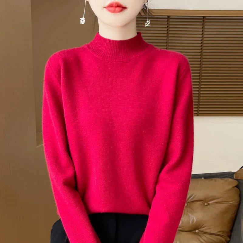 One Line Half Height 100% Andy Velvet Knitted Sweater For Women's Autumn And Winter New Top, Loose Long Sleeved Basic Style GH79