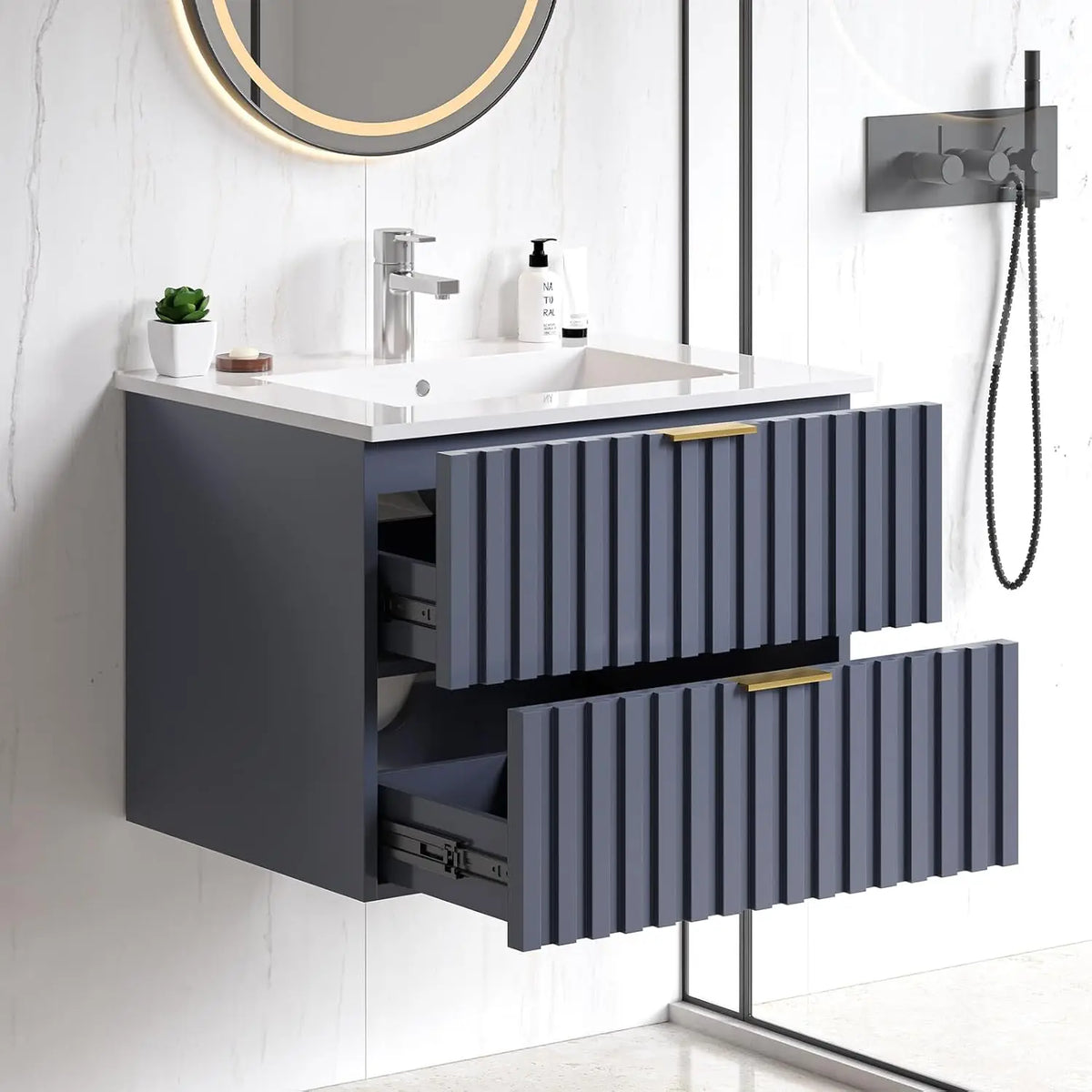 24 Inch Bathroom Vanity with Sink Combo, Floating Bathroom Vanity with 2 Fluted Drawers & Metal Handle,Modern Wall Mount Storage