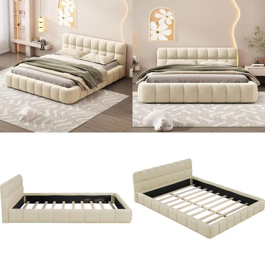 Merax Contemporary Queen Size Linen Wingback Bed Frame, Low Platform Design, No Box Spring Needed, Beige Upholstery