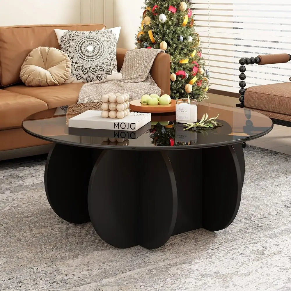Mid-Century Modern 31.5 Round Glass Coffee Table, Black & Brown, Ideal for Small Spaces & Home Offices