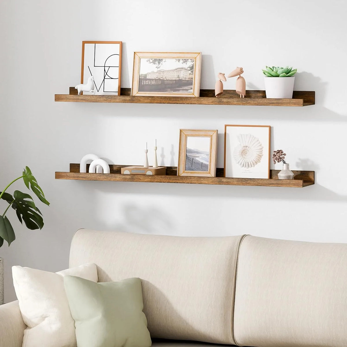 Floating Shelves for Wall, Wood Mounted Shelf Decor Storage Set of 6, for Living Room, 35.5 inch Long Picture Ledge, Brown