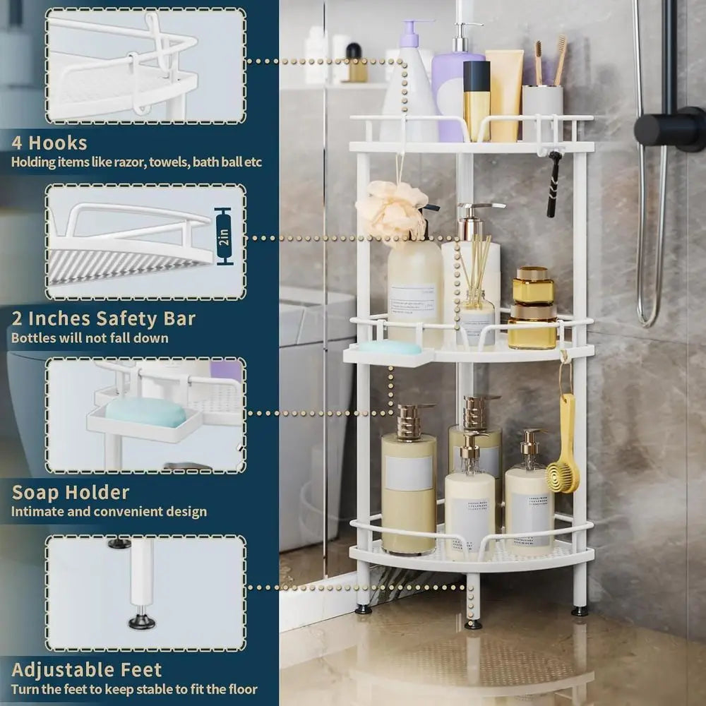 3-Tier Corner Shower Organizer with Soap Dish, Adjustable Floor Rack, Hooks, White Bathroom Shelf