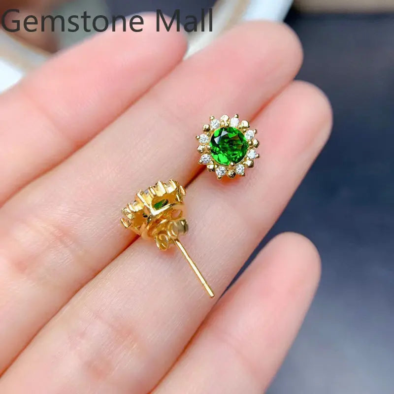 Total 2ct Natural Chrome Diopside Jewelry Set 925 Silver 5mm VVS Grade Diopside Ring Earrings Pendant with Gold Plating