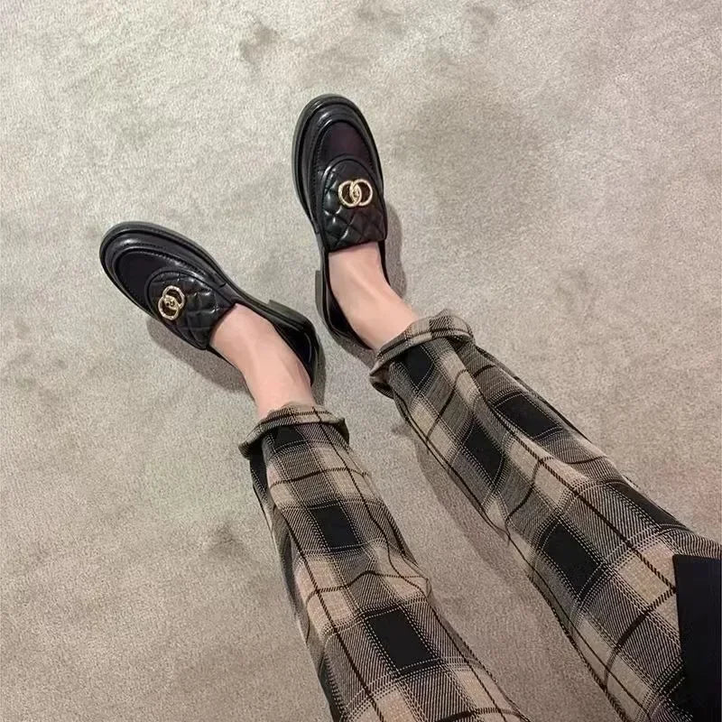 Black Chunky Heel Loafer Shoes For Female Women Autumn New Thick Sole Slip-on Shallow Leather Elegant Fashion Luxury Shoes SC1