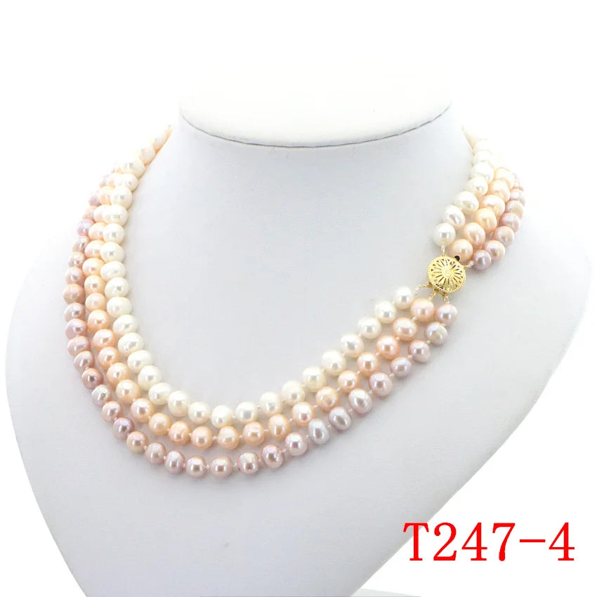 3 Rows Freshwater Pearls Necklace Wedding Jewelry Set for Women 7-8mm Beads Multicolor Selection Birthday Party Clavicle Chain