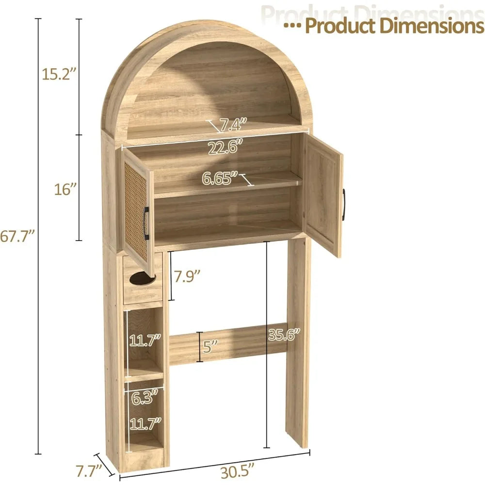 Over The Toilet Storage Cabinet, Bathroom Organizer Over Toilet with Rattan Doors, Arched Storage Organizer Cabinet with Anti-Ti