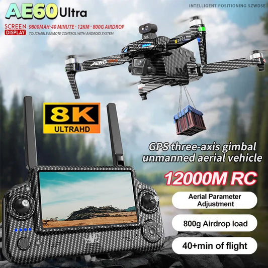 AE60 Ultra Professional GPS Drone with 8K HD Camera, 3-Axis Gimbal, Aerial Photography, Obstacle Avoidance, FPV, Airdrop, Fishin