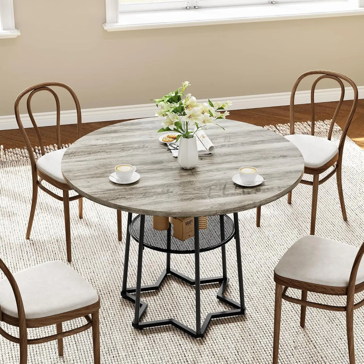 Rustic Round Dining Table Farmhouse Kitchen Table Dinner Table with Metal Base for Dining Room, Kitchen, Living Room