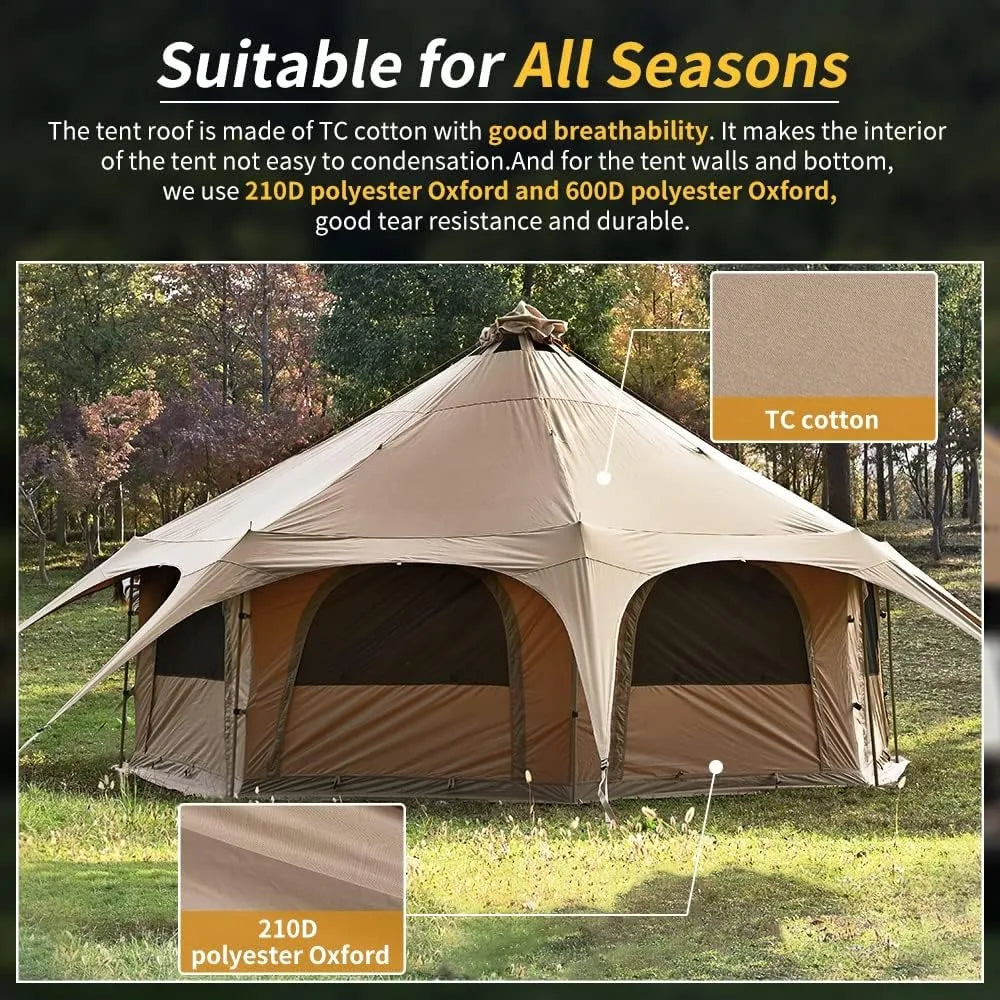 Family Glamping Bell Tent 16.4ft High with 9.2ft Diameter, Removable Floor and Stove Jack for Outdoor Camping