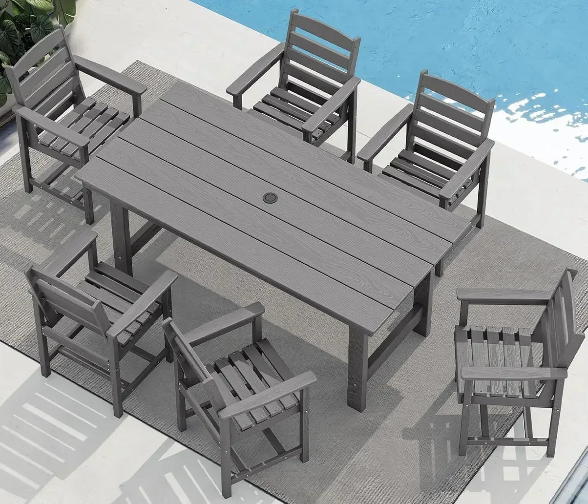 XMSJ-Outdoor HDPE Dining Table Set, 7-Piece Outdoor Dining Table Sets with Umbrella Hole Cut-Out Table and 6 Chairs, Gray