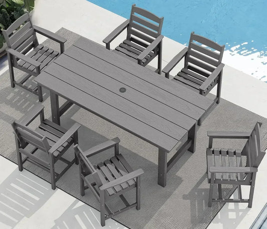 XMSJ-Outdoor HDPE Dining Table Set, 7-Piece Outdoor Dining Table Sets with Umbrella Hole Cut-Out Table and 6 Chairs, Gray