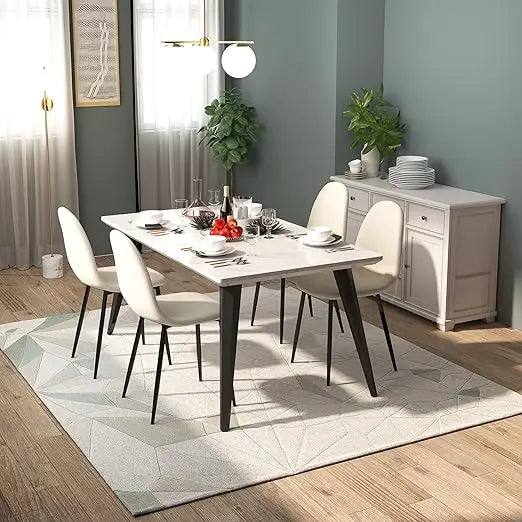 Mid-Century Modern 5-Piece Dining Set - Rectangular Table with 4 Fabric Chairs, Metal Frame, Durable PE Material for Stylish Din