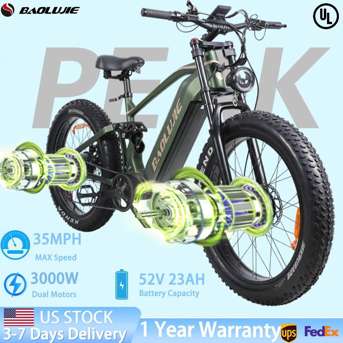 BAOLUJIE P2 3000W Ebike Mountain E-bike 52V 23AH Electric Bicycle 55KM/H Electric Bike for Adults Off-road【1 Year Warranty】
