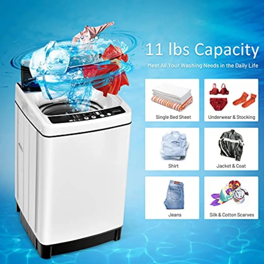 Compact Portable Washing Machine with 11Lbs Capacity FullAutomatic Operation 8 Wash Programs LED Display 10 Water Level Setting