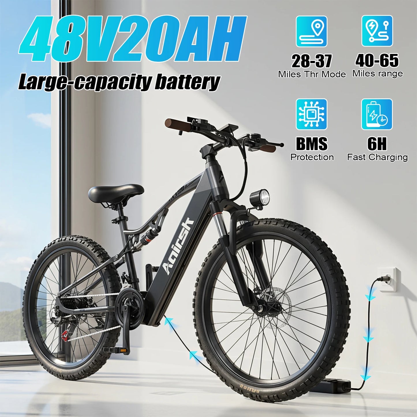 Adults Electric Bicycle, 26" Electric Mountain Dirt Bike 1500W Peak Motor Ebike 28Mph 20AH Electric E Bike for Adults