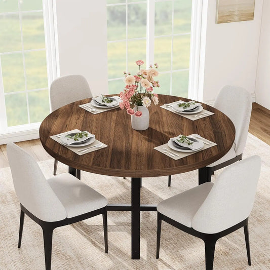 47" Round Industrial Dining Table - Rustic Wood Top w/Metal Frame, Seats 4-6 (No Chairs)