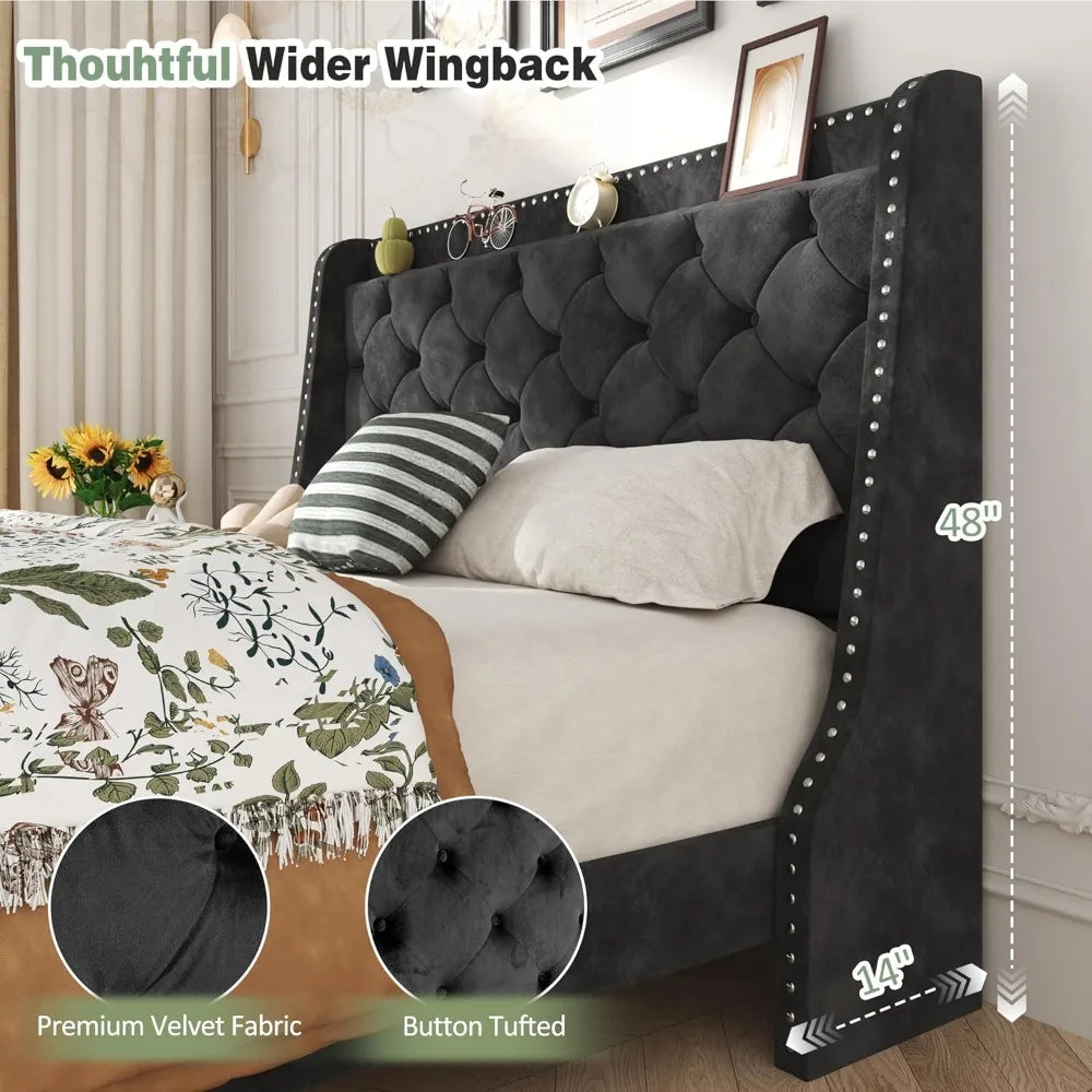 Queen Size Upholstered Bed Frame with Diamond Tufted Headboard, Storage, and Wingback Design