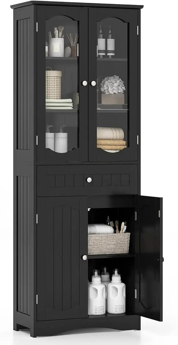 63" Tall Bathroom Storage Cabinet, Freestanding Floor Cabinet with Glass Doors and Shelves, Kitchen Pantry for Living Room, Din