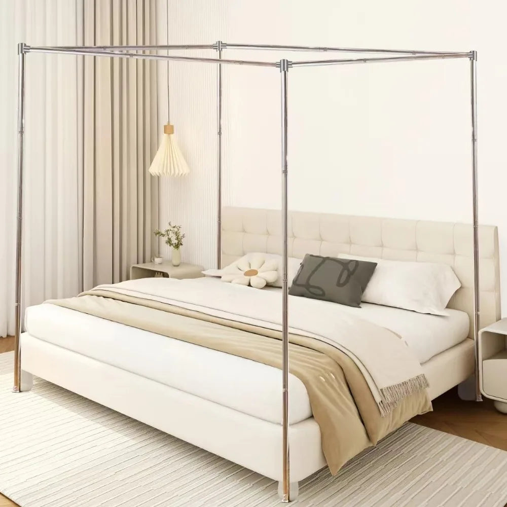 Queen Size Stainless Steel Canopy Bed Frame with Thick Brackets and Mosquito Curtains